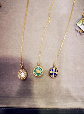 纯银镀黄金色土耳其绿松石项链女 复古风蓝色青金石锁骨链圆牌潮