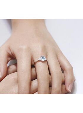 蛋形海蓝宝戒指女纯银 925戒子蓝色宝石色镶钻指环简约气质男礼物