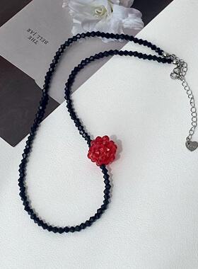 甜美气质水晶花朵黑色串珠水滴项链小清新森系时尚潮流锁骨链潮