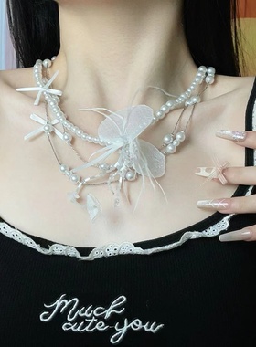 古典优雅蝴蝶结花朵珍珠多层项链法式浪漫轻奢时尚高级感锁骨链女