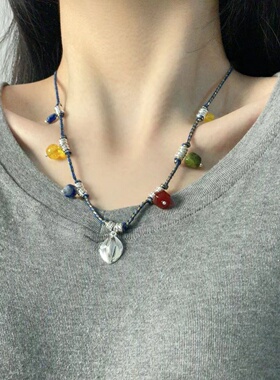 复古新中式天然石手工编织绳项链时尚度假风休闲潮流设计锁骨链女