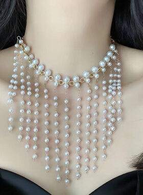 时尚轻奢气质白色珍珠流苏锁骨链法式复古优雅淑女高级感项链爆款