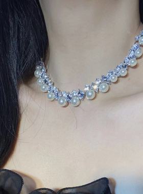 法式宫廷风超闪水钻珍珠锁骨链甜美名媛淑女优雅气质小众项链新款