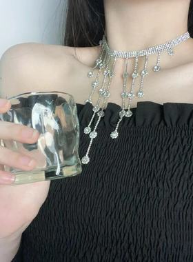 法式轻奢超闪满钻流苏多层项链精致冷淡风时尚锁骨链晚礼服配饰