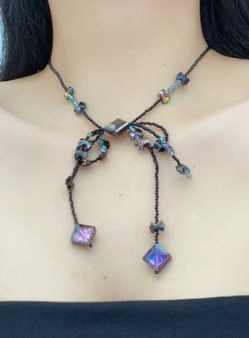 潮流设计黑色水晶蝴蝶结流苏项链甜酷轻奢时尚气质高级感锁骨链女