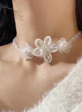 清新田园风花朵多层水晶串珠项链甜美超仙少女感淑女气质锁骨链女
