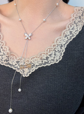 甜美水钻蝴蝶珍珠流苏抽拉项链时尚优雅淑女高级感潮流毛衣链配饰