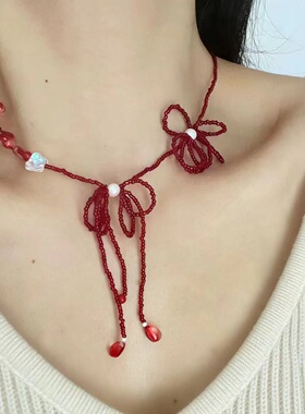 时尚潮流红色串珠蝴蝶结锁骨链甜美小清新高级感小众ins风项链潮
