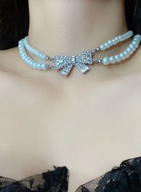 蝴蝶结双层珍珠项链女轻奢小众choker设计感高级感锁骨链气质颈链