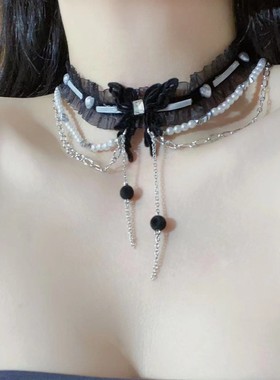 甜酷辣妹黑色蝴蝶流苏项链女chocker小众个性高级网纱珍珠锁骨链