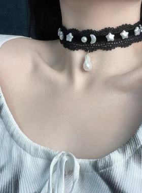 时尚潮流星星月亮蕾丝水晶串珠项链法式复古轻奢高级小众锁骨链女