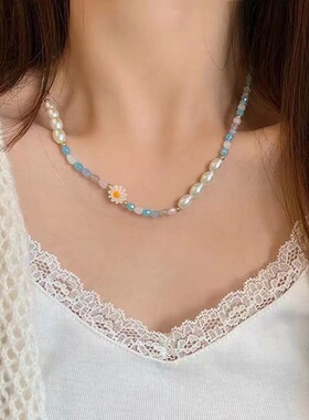 甜酷项链彩色串珠花朵拼