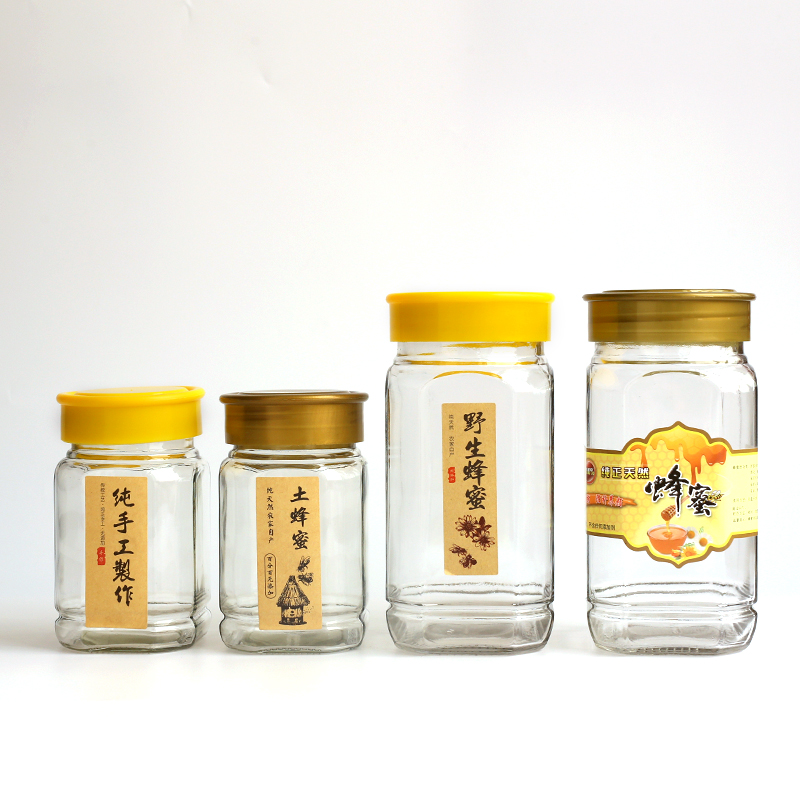 包邮蜂蜜玻璃瓶1斤2斤蜂蜜包装密封罐塑料盖八角六棱酱菜辣椒酱瓶