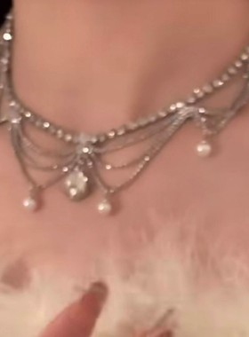 晚宴公主 银色水滴珍珠项链高级感宴会晚礼服超闪颈链小众设计感