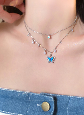 夏天海蓝珍珠蝴蝶项链女甜酷辣妹搭配裙子颈链配饰海边度假锁骨