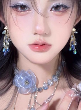 高级感蓝色妖姬玫瑰流苏项链女ins气质小香风纯欲小众锁骨链颈链