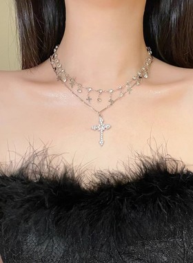 暗黑甜酷设计感镶钻十字架吊坠项链女小众高级感多层叠戴锁骨链潮