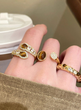 美拉德虎眼石戒指女2025新款开口戒指小众百搭设计食指戒精致手饰