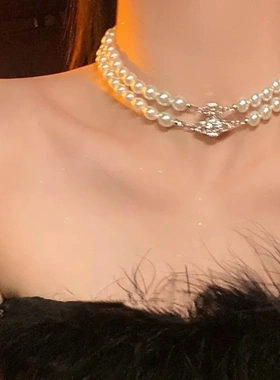 西太后土星双层珍珠项链女choker轻奢感配饰多层小众锁骨颈链