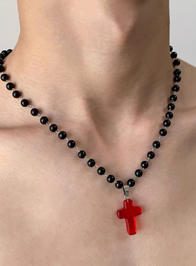红色水晶十字架吊坠项链黑色串珠锁骨链小众设计高级感个性配饰