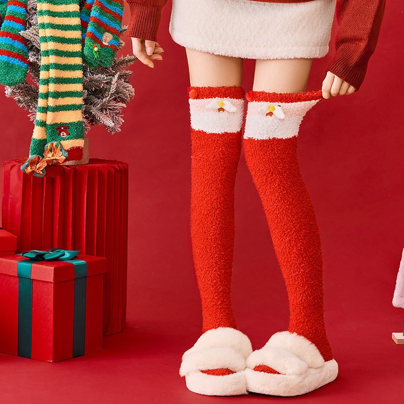 圣诞过膝袜子女珊瑚绒加绒加厚长筒居家睡眠袜卡通可爱护腿地板袜,淘宝优惠券,粉丝福利购,淘宝优惠卷