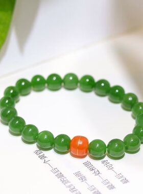 精品和田玉碧玉圆珠手8mm果阳绿送礼自留款配18k错金南红老型珠