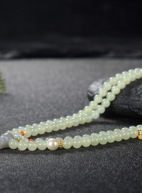 【楼兰璞钰】天然和田玉晴水圆珠6mm多圈手链精品原创设计项链