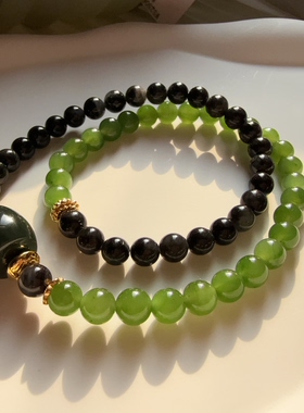 天然和田玉碧玉阳绿圆珠6mm手链银单圈小手串女款百搭搭配青花珠