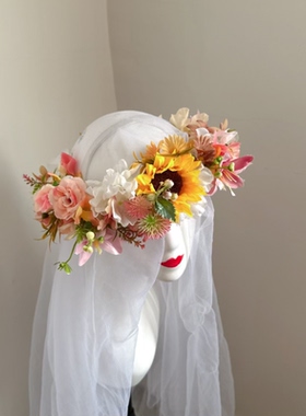 森林系花朵花环头饰粉黄白色头箍婚纱摄影原创婚礼发饰儿童发箍