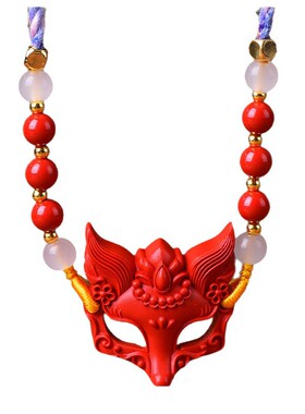 原矿朱砂九尾狐面具吊坠帝红砂本命年男女款项链礼物饰品