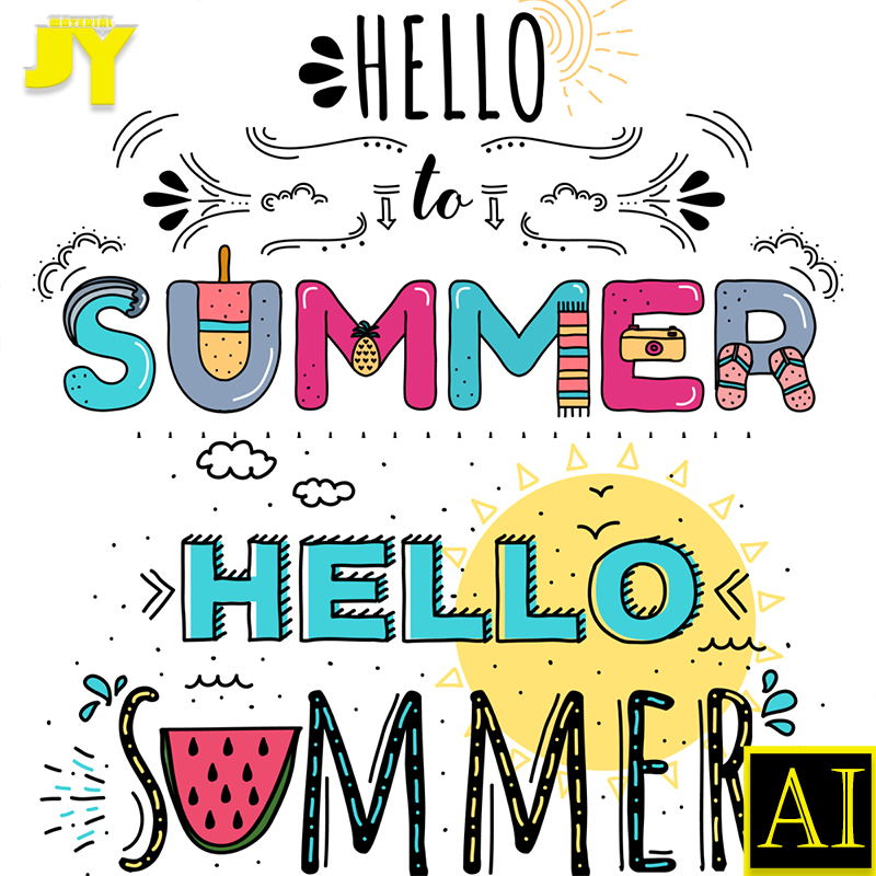 hello sunmmer可爱卡通手绘英文字体奶茶果汁夏季创意设计AI素材