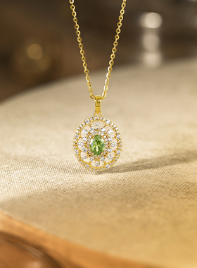 周六福纯银S925银项链女点缀橄榄色锆石链坠时尚小众设计送女友礼