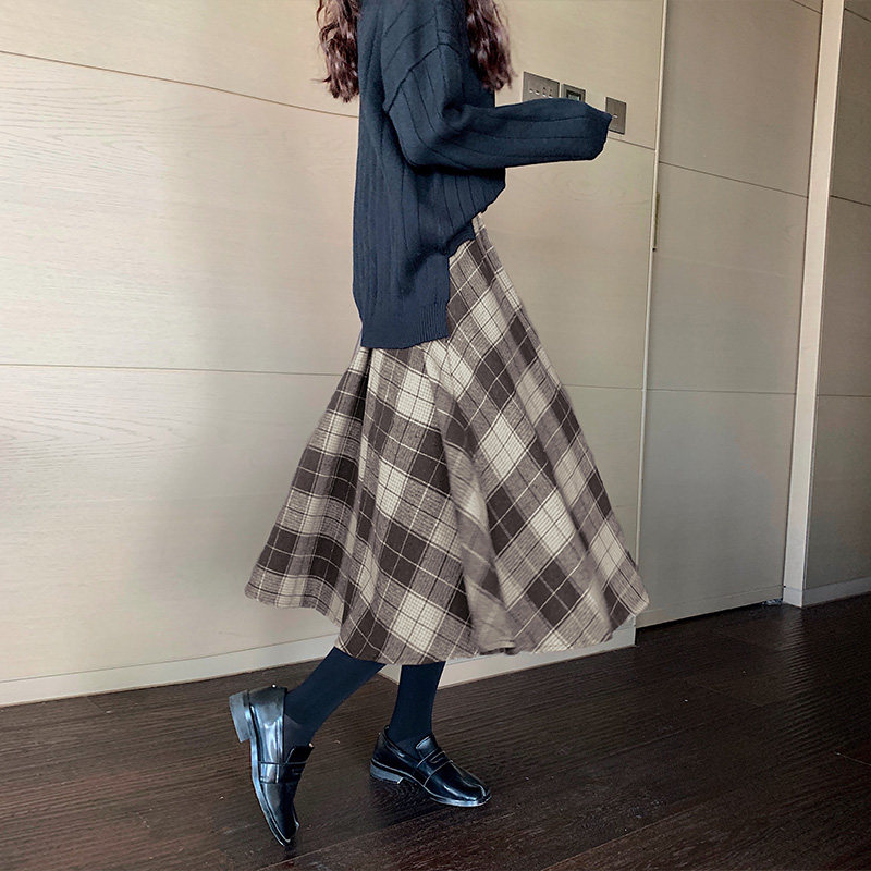 毛呢2020秋冬新款松紧腰格纹格子裙 迷样女子半身裙