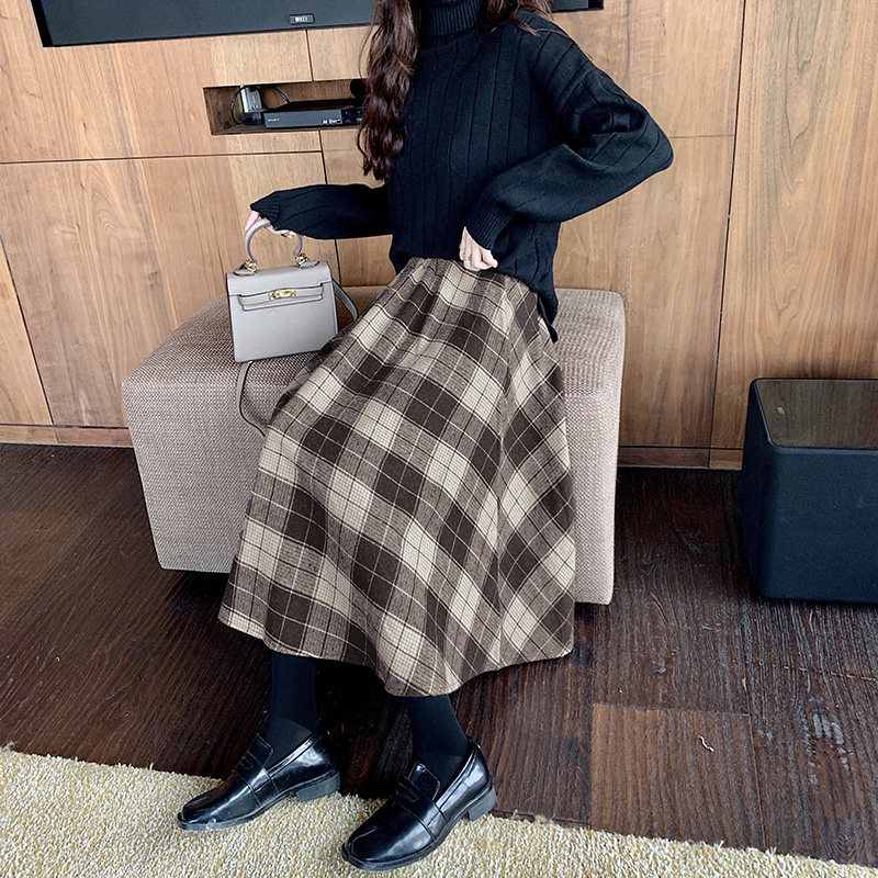 毛呢2020秋冬新款松紧腰格纹格子裙 迷样女子半身裙