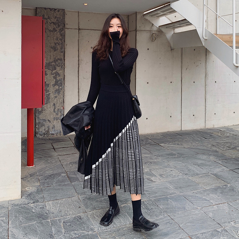 千鸟格针织秋冬天穿的中长款半身裙 迷样女子半身裙