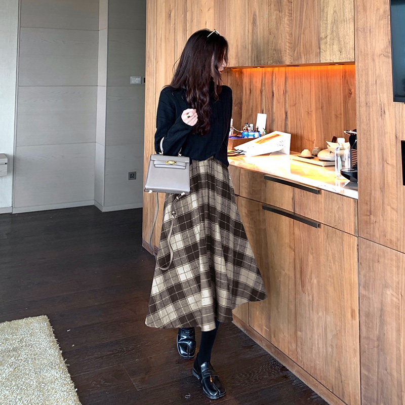 毛呢2020秋冬新款松紧腰格纹格子裙 迷样女子半身裙