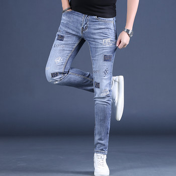 2024 New Summer High-end Embroidered Jeans Men's Trendy Brand Slim Fit Small Leg Pants Patch Light Color Pants Men's Pants