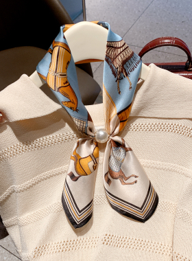 珍珠磁铁扣真丝小丝巾女春秋领巾
