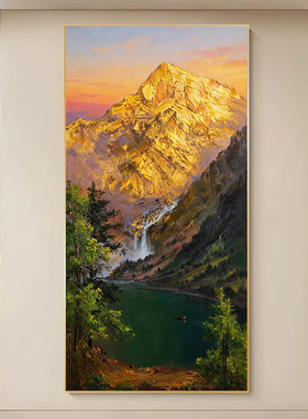 手绘油画聚宝盆日照金山挂画