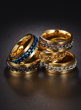 男士钛钢转动链条戒指可旋转减压饰品网红小众潮流开瓶开啤酒戒指