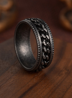 银色不锈钢压花转动链条戒指男士