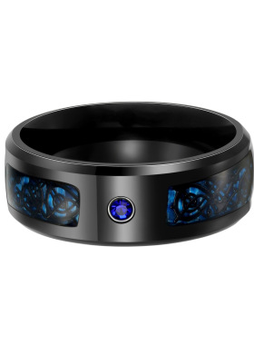 蓝色碳素纤维镶钻龙纹钛钢男戒