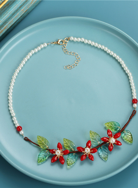 古风项链汉服软璎珞红色花朵吊坠古装坦领颈链宋制围髻新中式配饰