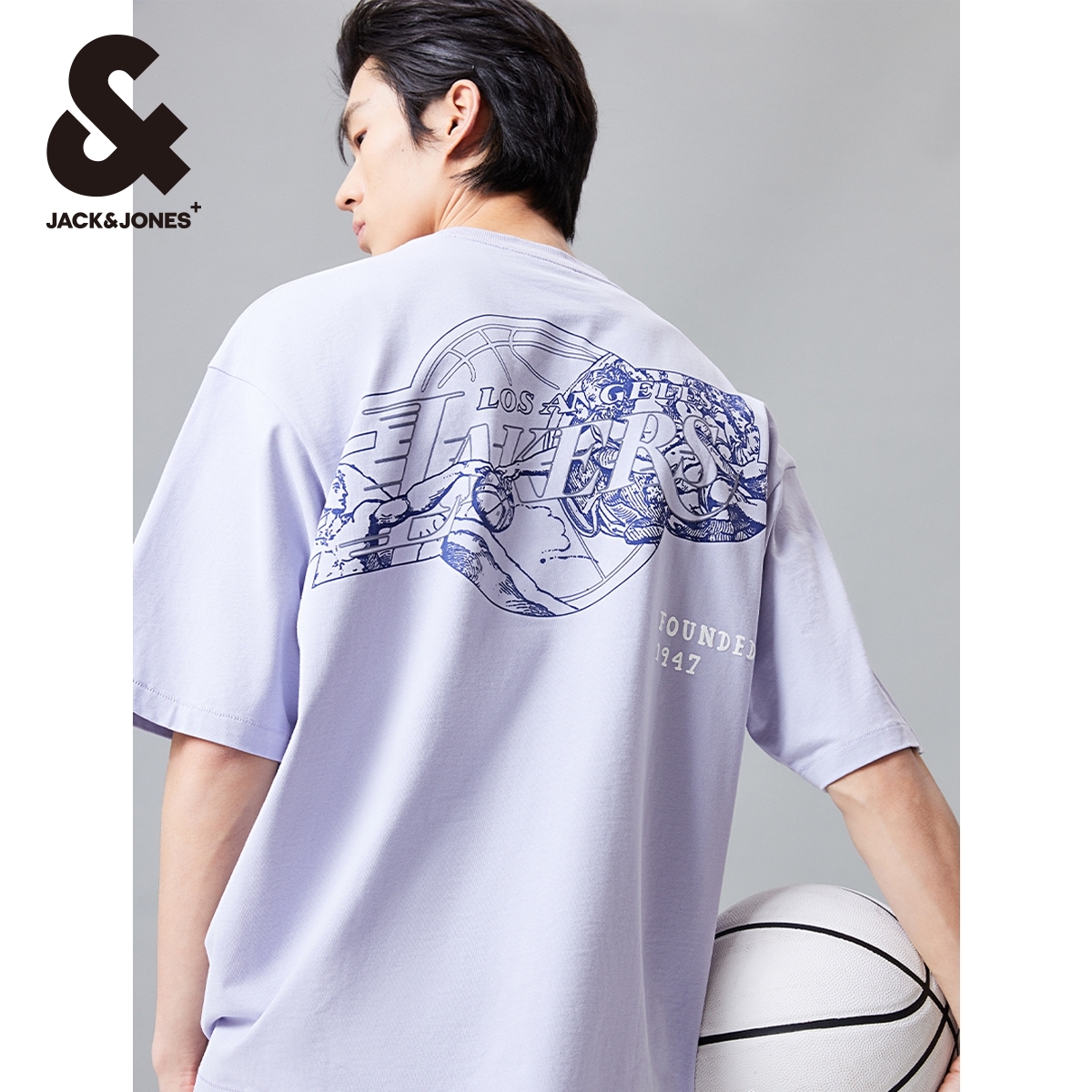 杰克琼斯NBA联名湖人队夏季新款纯棉宽松刺绣罗纹圆领短袖T恤男款 - 图1