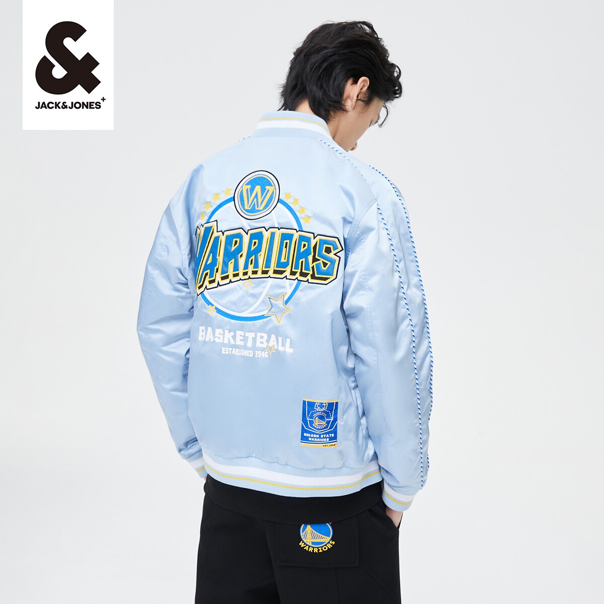 [新]绫致杰克琼斯春季外套NBA联名勇士队运动开衫棒球服夹克外套_虎窝淘