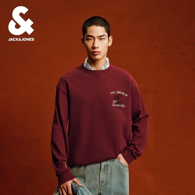 【马年新年款】杰克琼斯男装红色纯棉卫衣肌理印花宽松本命年刺绣