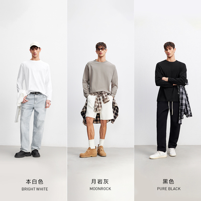 【纯棉打底T恤衫】杰克琼斯男装春新款纯色圆领宽松长袖刺绣上衣