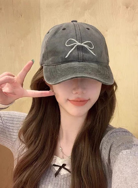 复古灰色蝴蝶结刺绣户外鸭舌帽女2026款夏季韩系显脸小水洗棒球帽