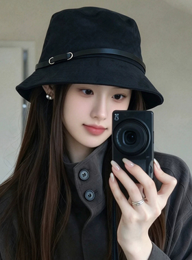 秋冬复古麂皮绒宽檐渔夫帽女