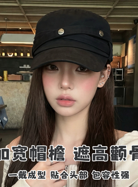 新款美式复古铆钉平顶鸭舌帽女大头围气质休闲百搭显脸小马术帽子